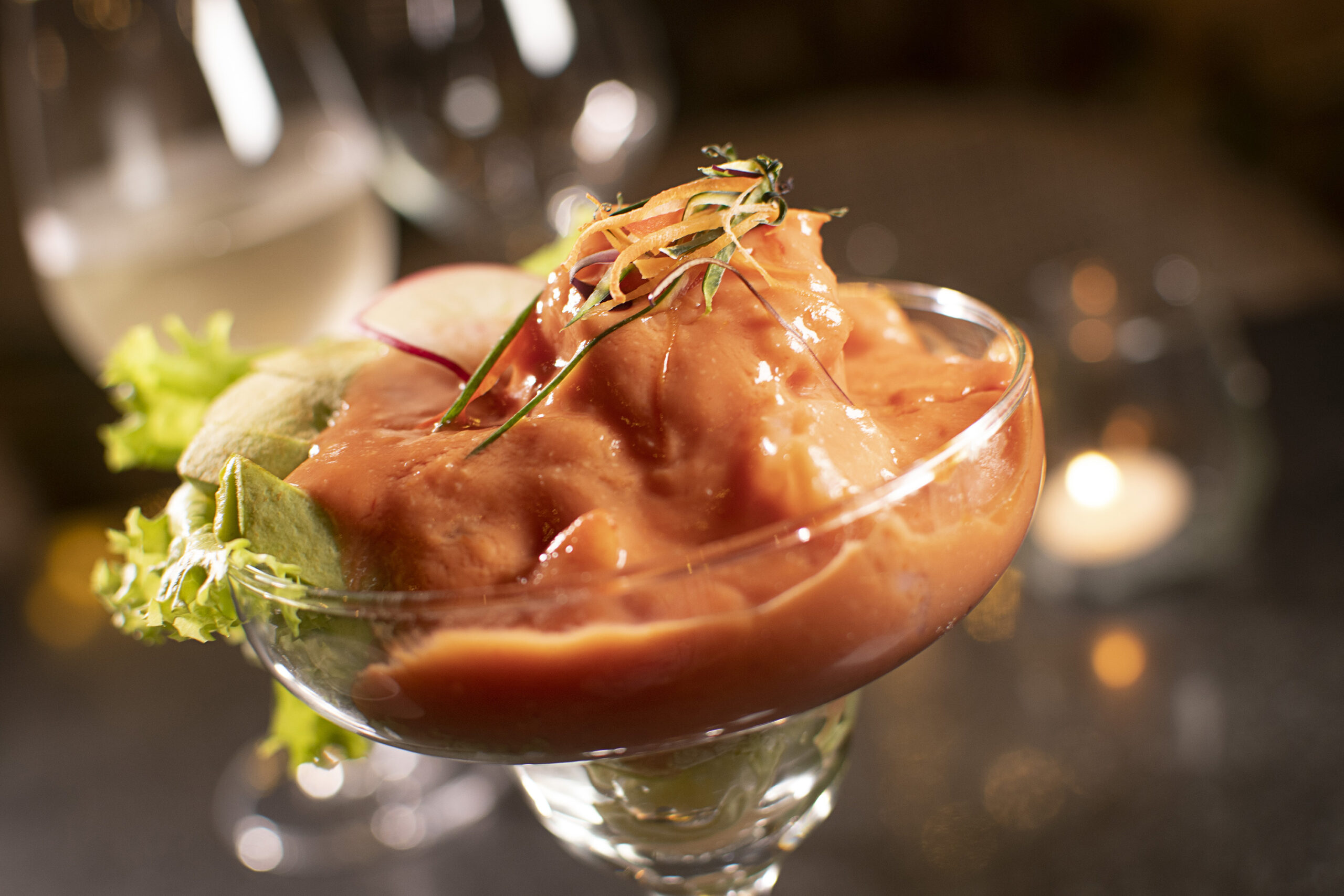 Shrimp coktail in a bed of avocado